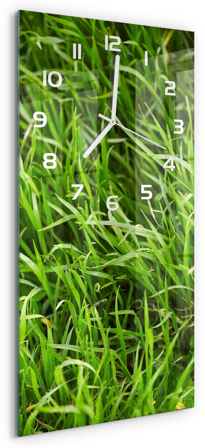 Tulup Wandklok - Gras Wandklok Glas Decoratie - 30x60 cm - Groente Gekleurde Glazen Klok - Witte handen - Rechthoekige Klok - Klok Glas Met Opdruk - Moderne Wandklok Glas