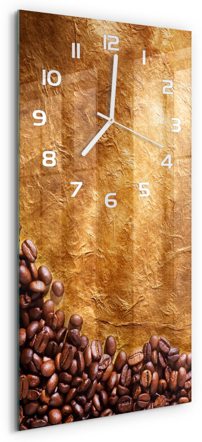 Tulup Wandklok - Koffiebonen Moderne Wandklok Glas - 30x60 cm - Bruin Wandklok Glas Decoratie - Witte handen - Rechthoekige Klok - Glazen Wandklok Design - Klok Glas Met Opdruk