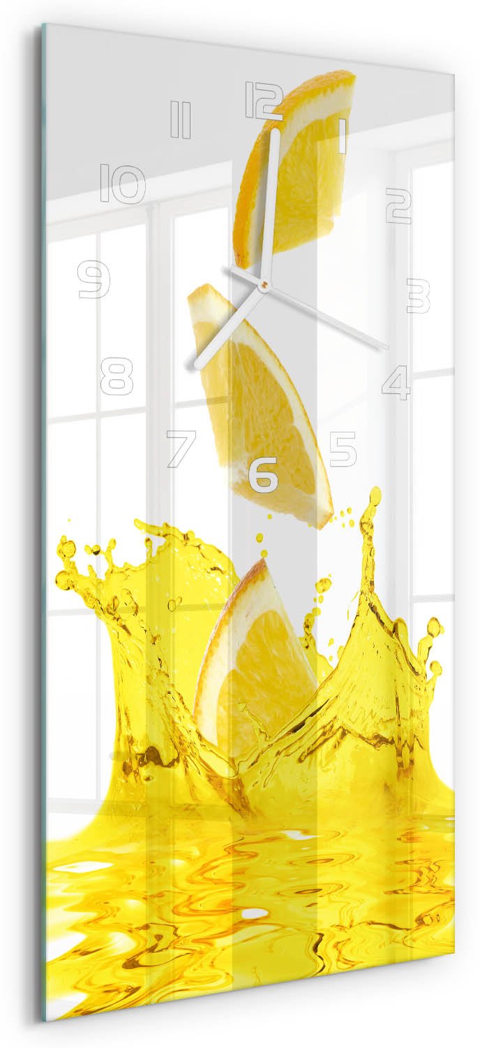Tulup Wandklok - Citroensap Klok Glas Met Opdruk - 30x60 cm - Geel Moderne Wandklok Glas - Witte handen - Rechthoekige Klok - Decoratieve Glazen Klok - Glazen Wandklok Design