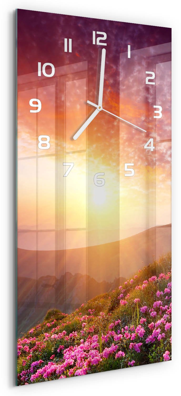 Tulup Wandklok - Lente in de bergen Decoratieve Glazen Klok - 30x60 cm - Paars Glazen Wandklok Design - Witte handen - Rechthoekige Klok - Glazen Klok Met Print - Wandklok Glas Met Motief