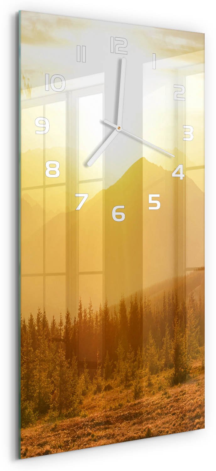 Tulup Wandklok - Bergen bij zonsondergang Gekleurde Glazen Klok - 30x60 cm - Geel Glazen Klok Met Print - Witte handen - Rechthoekige Klok - Moderne Wandklok Glas - Wandklok Glas Decoratie