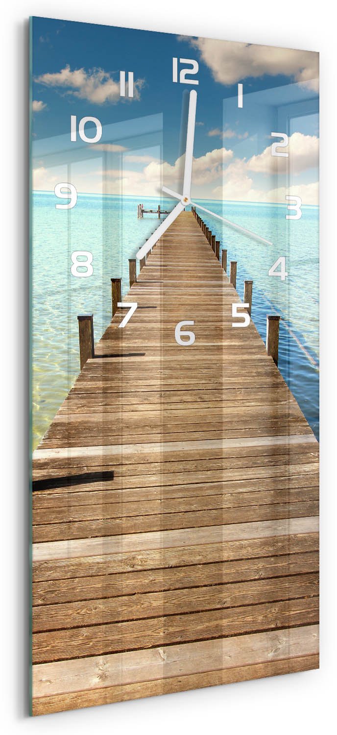 Tulup Wandklok - Houten brug Glazen Wandklok Design - 30x60 cm - Blauw Klok Glas Met Opdruk - Witte handen - Rechthoekige Klok - Wandklok Glas Met Motief - Decoratieve Glazen Klok