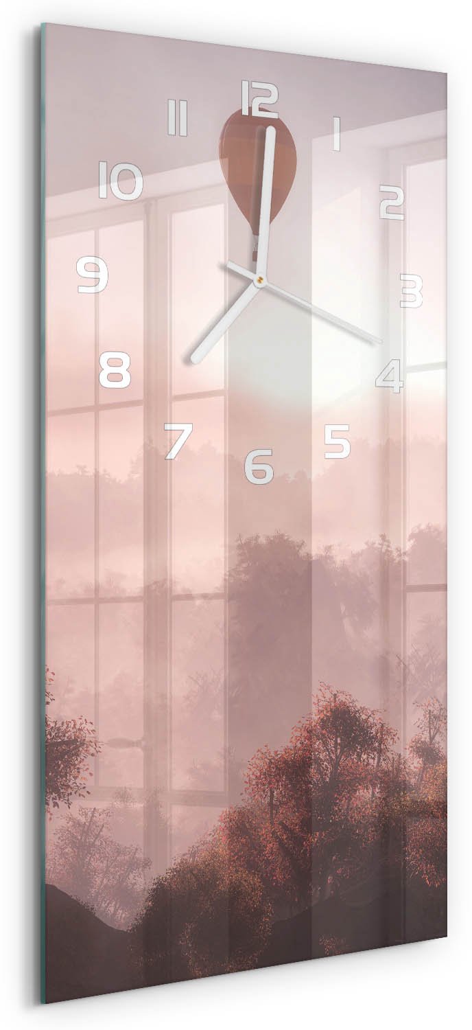 Tulup Wandklok - Ballonvaart boven het bos Wandklok Glas Decoratie - 30x60 cm - Bruin Gekleurde Glazen Klok - Witte handen - Rechthoekige Klok - Klok Glas Met Opdruk - Moderne Wandklok Glas