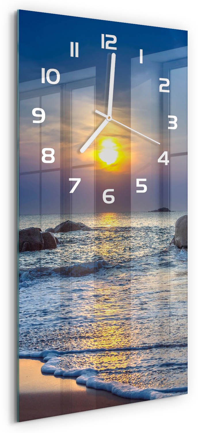 Tulup Wandklok - Zonsondergangstrand Moderne Wandklok Glas - 30x60 cm - Blauw Wandklok Glas Decoratie - Witte handen - Rechthoekige Klok - Glazen Wandklok Design - Klok Glas Met Opdruk