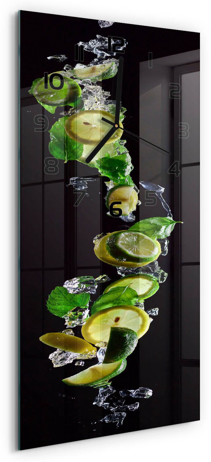 Tulup Wandklok - Limoenen en citroenen Glazen Wandklok Design - 30x60 cm - Groente Klok Glas Met Opdruk - Zwarte handen - Rechthoekige Klok - Wandklok Glas Met Motief - Decoratieve Glazen Klok