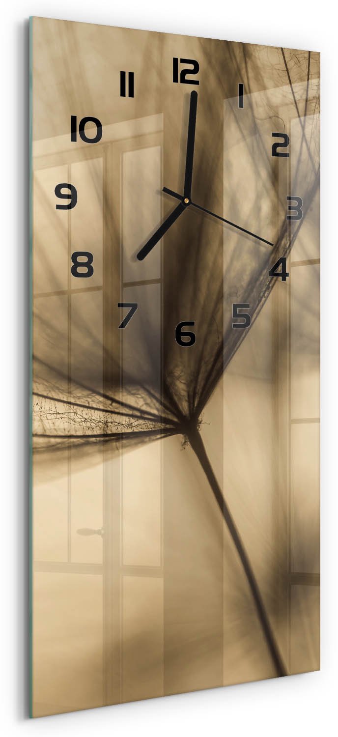 Tulup Wandklok - Paardebloem Glazen Wandklok Design - 30x60 cm - Beige Klok Glas Met Opdruk - Zwarte handen - Rechthoekige Klok - Wandklok Glas Met Motief - Decoratieve Glazen Klok