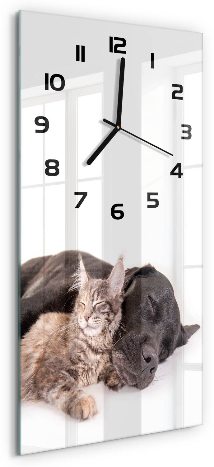 Tulup Wandklok - Hond en kat Moderne Wandklok Glas - 30x60 cm - Bruin Wandklok Glas Decoratie - Zwarte handen - Rechthoekige Klok - Glazen Wandklok Design - Klok Glas Met Opdruk
