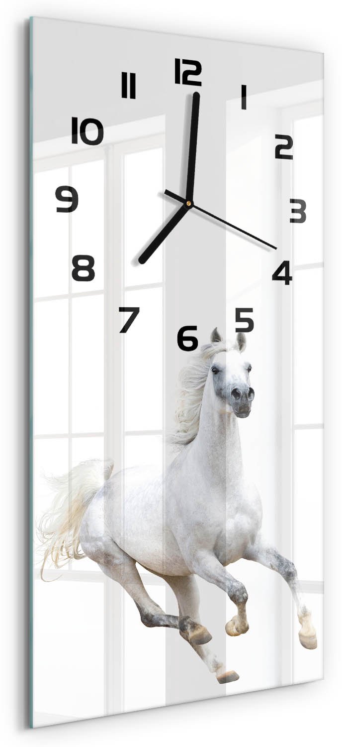 Tulup Wandklok - Wit Arabisch paard Glazen Wandklok Design - 30x60 cm - Wit Klok Glas Met Opdruk - Zwarte handen - Rechthoekige Klok - Wandklok Glas Met Motief - Decoratieve Glazen Klok