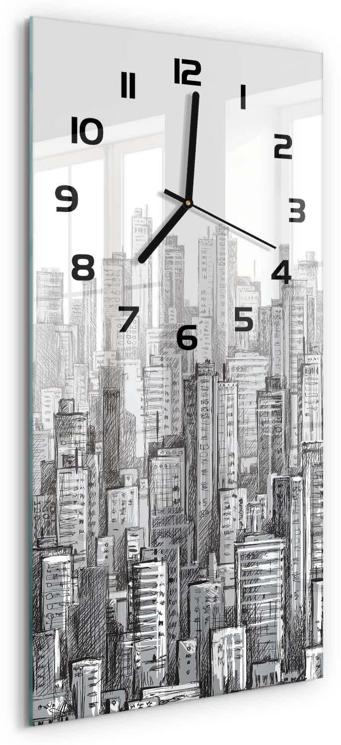 Tulup Wandklok - Wolkenkrabber Decoratieve Glazen Klok - 30x60 cm - Grijs Glazen Wandklok Design - Zwarte handen - Rechthoekige Klok - Glazen Klok Met Print - Wandklok Glas Met Motief