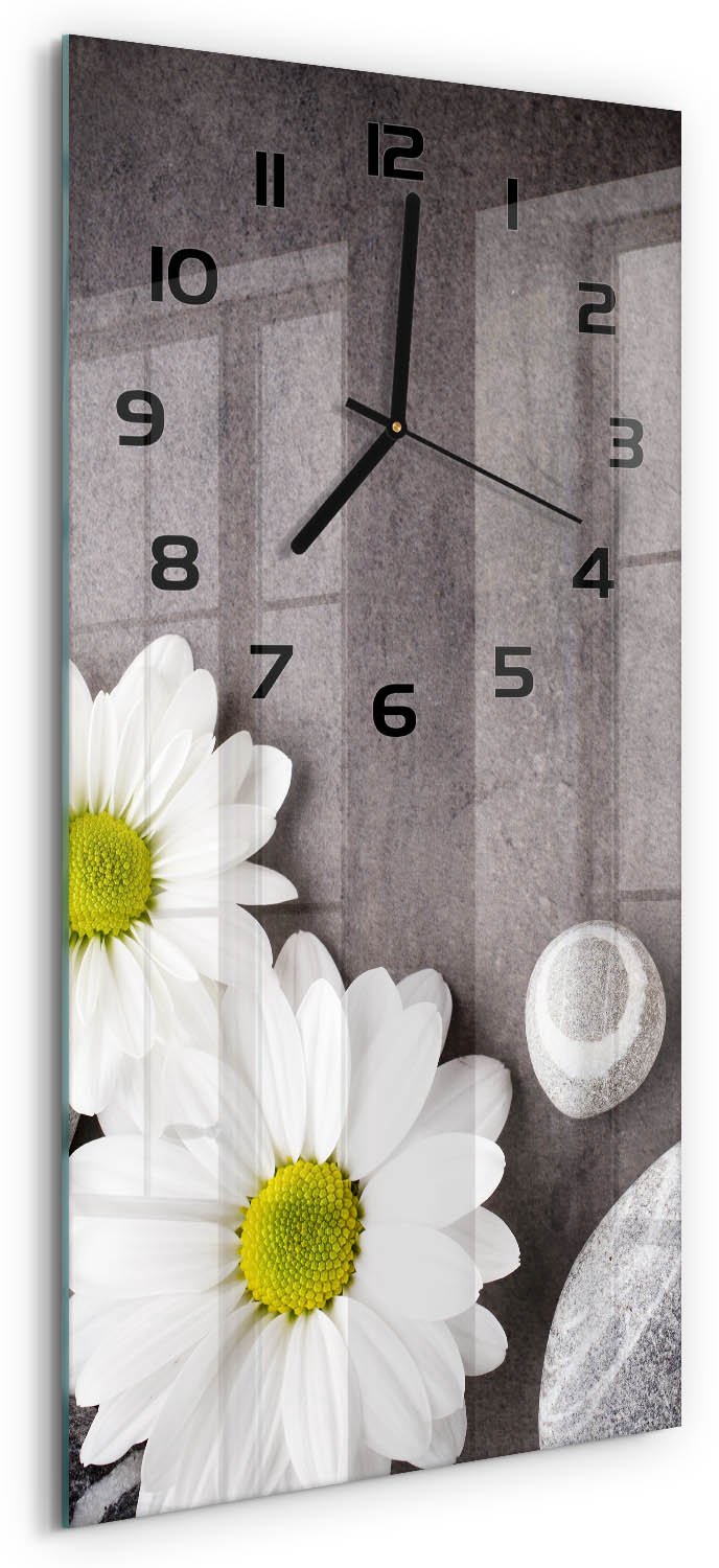 Tulup Wandklok - Gerbera bloem Wandklok Glas Met Motief - 30x60 cm - Wit Decoratieve Glazen Klok - Zwarte handen - Rechthoekige Klok - Gekleurde Glazen Klok - Glazen Klok Met Print