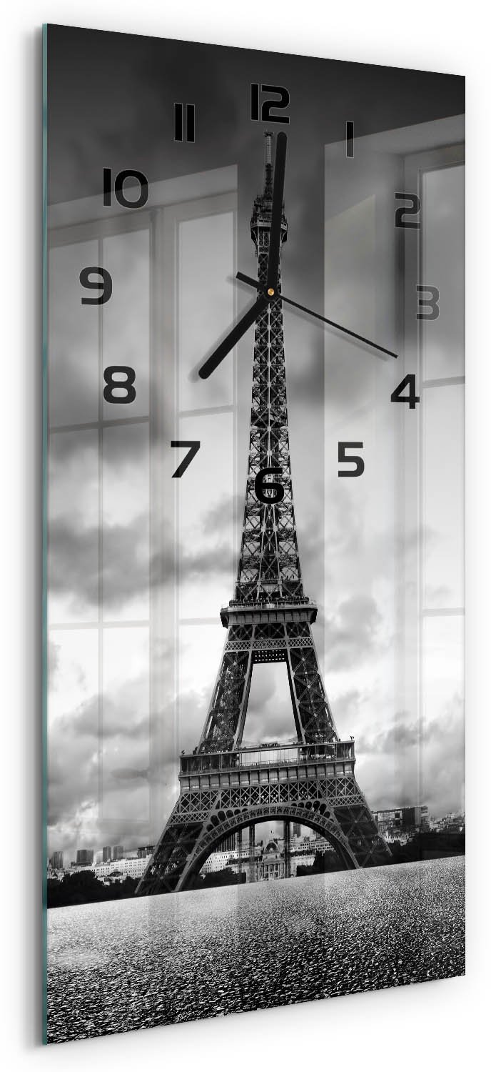 Tulup Wandklok - Eiffeltoren Parijs Klok Glas Met Opdruk - 30x60 cm - Zwart-wit Moderne Wandklok Glas - Zwarte handen - Rechthoekige Klok - Decoratieve Glazen Klok - Glazen Wandklok Design