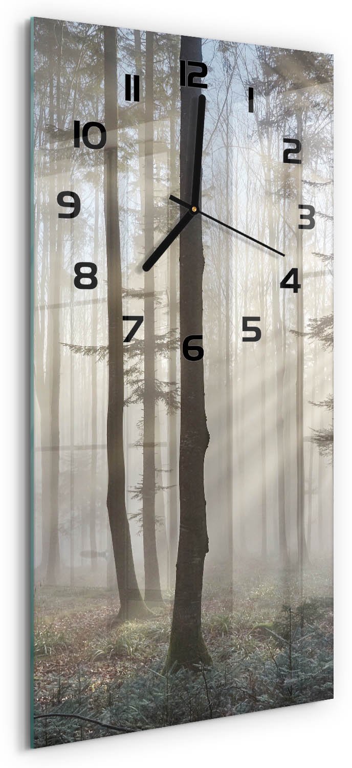Tulup Wandklok - Mist in het bos Decoratieve Glazen Klok - 30x60 cm - Bruin Glazen Wandklok Design - Zwarte handen - Rechthoekige Klok - Glazen Klok Met Print - Wandklok Glas Met Motief