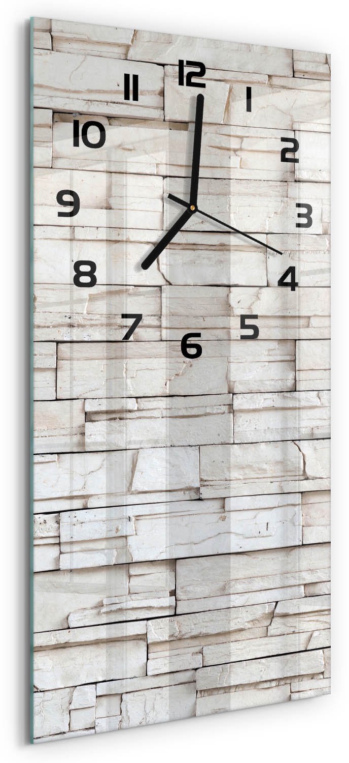 Tulup Wandklok - Witte stenen muur Klok Glas Met Opdruk - 30x60 cm - Wit Moderne Wandklok Glas - Zwarte handen - Rechthoekige Klok - Decoratieve Glazen Klok - Glazen Wandklok Design