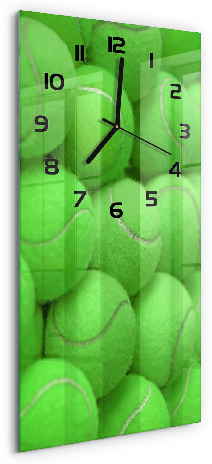 Tulup Wandklok - Tennisballen Wandklok Glas Decoratie - 30x60 cm - Groente Gekleurde Glazen Klok - Zwarte handen - Rechthoekige Klok - Klok Glas Met Opdruk - Moderne Wandklok Glas