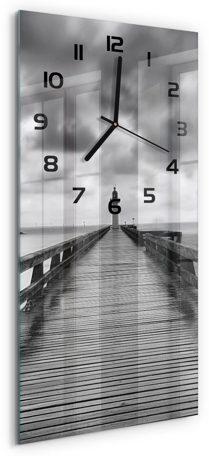 Tulup Wandklok - Vuurtoren Wandklok Glas Met Motief - 30x60 cm - Zwart-wit Decoratieve Glazen Klok - Zwarte handen - Rechthoekige Klok - Gekleurde Glazen Klok - Glazen Klok Met Print