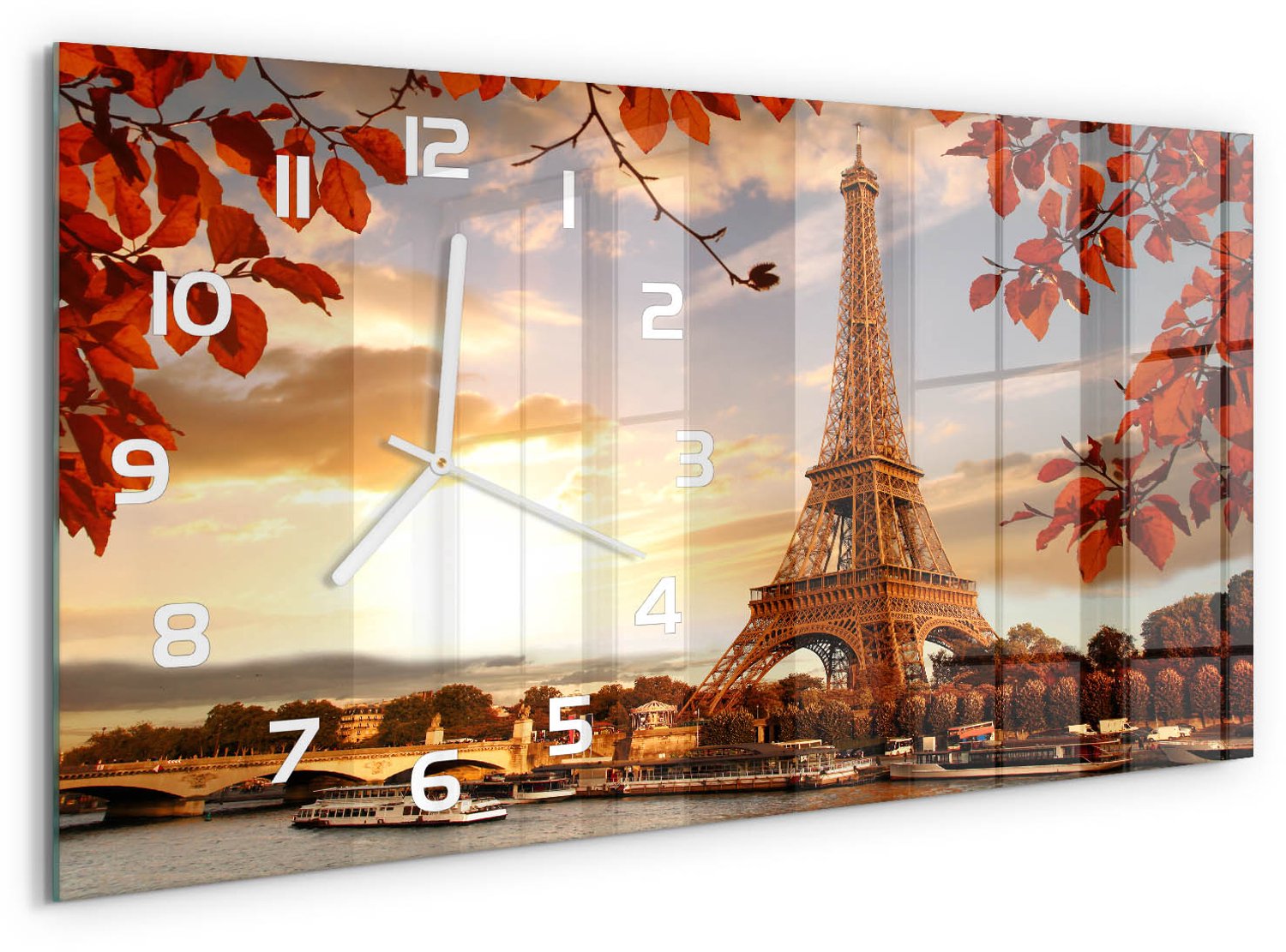 TULUP Wandklok - Eiffeltoren Parijs Decoratieve Glazen Klok - 60x30 cm - Rood Glazen Wandklok Design - Witte handen - Rechthoekige Klok - Glazen Klok Met Print - Wandklok Glas Met Motief