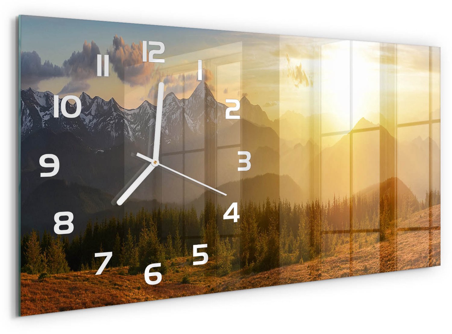 TULUP Wandklok - Bergen bij zonsondergang Wandklok Glas Decoratie - 60x30 cm - Geel Gekleurde Glazen Klok - Witte handen - Rechthoekige Klok - Klok Glas Met Opdruk - Moderne Wandklok Glas
