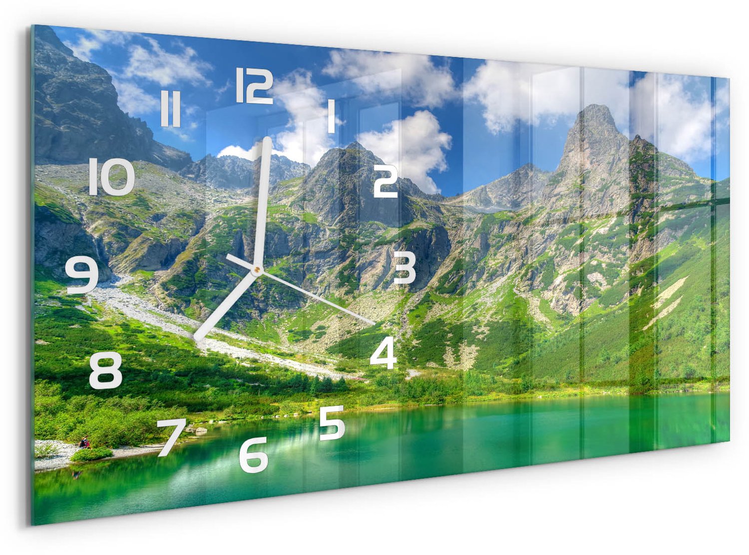 TULUP Wandklok - Meer in de bergen Klok Glas Met Opdruk - 60x30 cm - Groente Moderne Wandklok Glas - Witte handen - Rechthoekige Klok - Decoratieve Glazen Klok - Glazen Wandklok Design