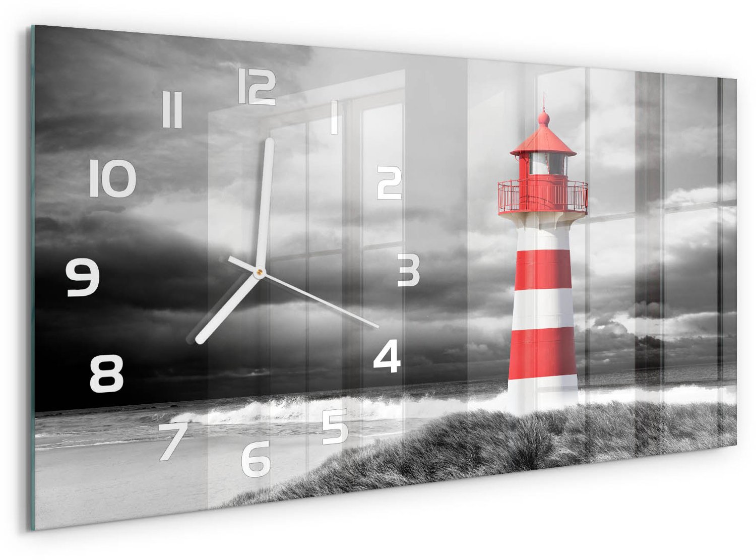 TULUP Wandklok - Vuurtoren Glazen Klok Met Print - 60x30 cm - Rood Wandklok Glas Met Motief - Witte handen - Rechthoekige Klok - Wandklok Glas Decoratie - Gekleurde Glazen Klok