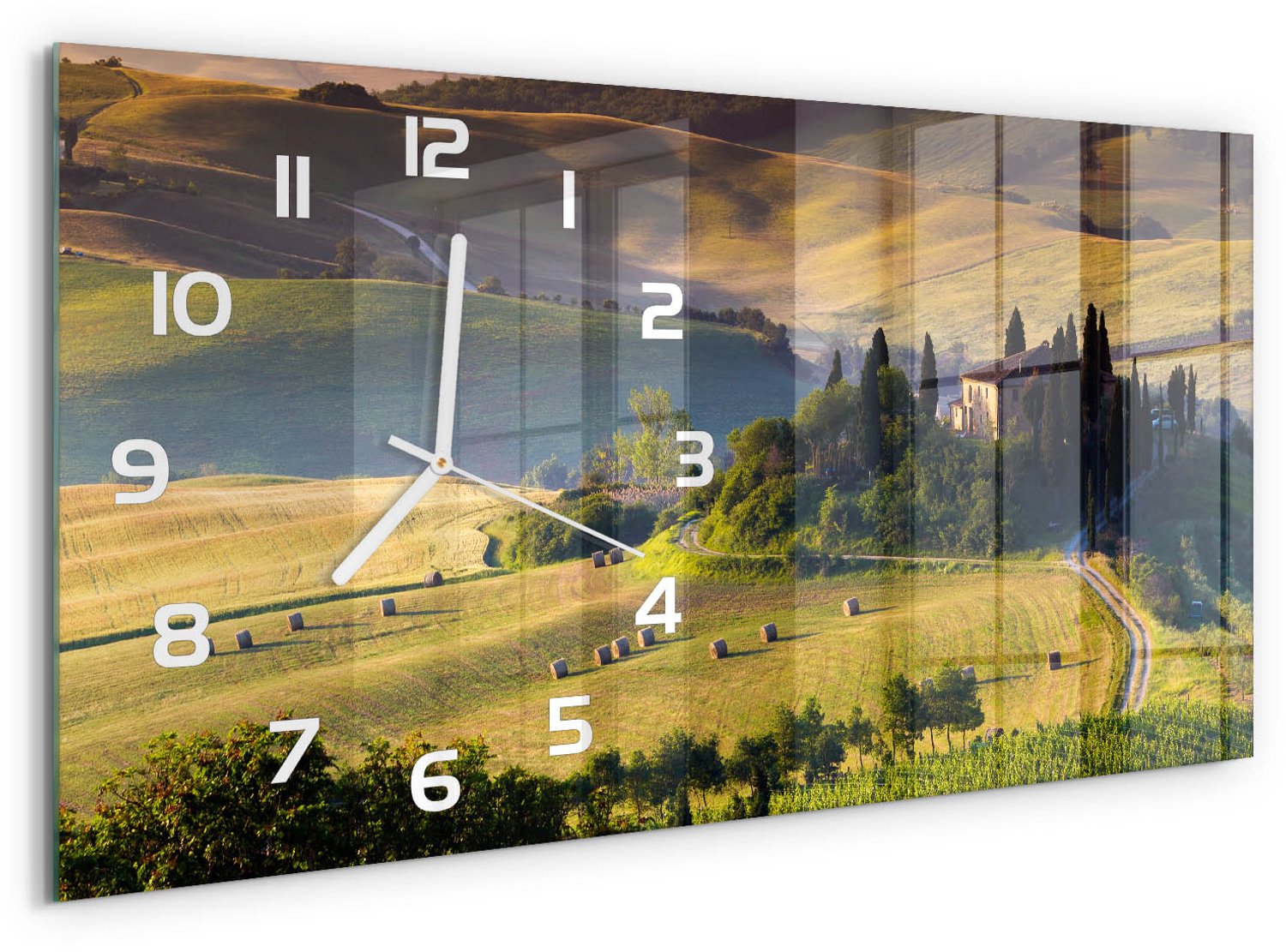 TULUP Wandklok - Toscane, Italië Wandklok Glas Met Motief - 60x30 cm - Groente Decoratieve Glazen Klok - Witte handen - Rechthoekige Klok - Gekleurde Glazen Klok - Glazen Klok Met Print