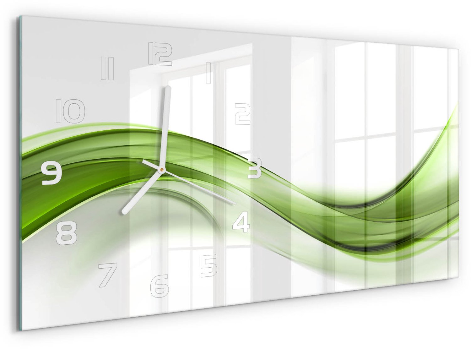 TULUP Wandklok - Groene golf Glazen Wandklok Design - 60x30 cm - Groente Klok Glas Met Opdruk - Witte handen - Rechthoekige Klok - Wandklok Glas Met Motief - Decoratieve Glazen Klok