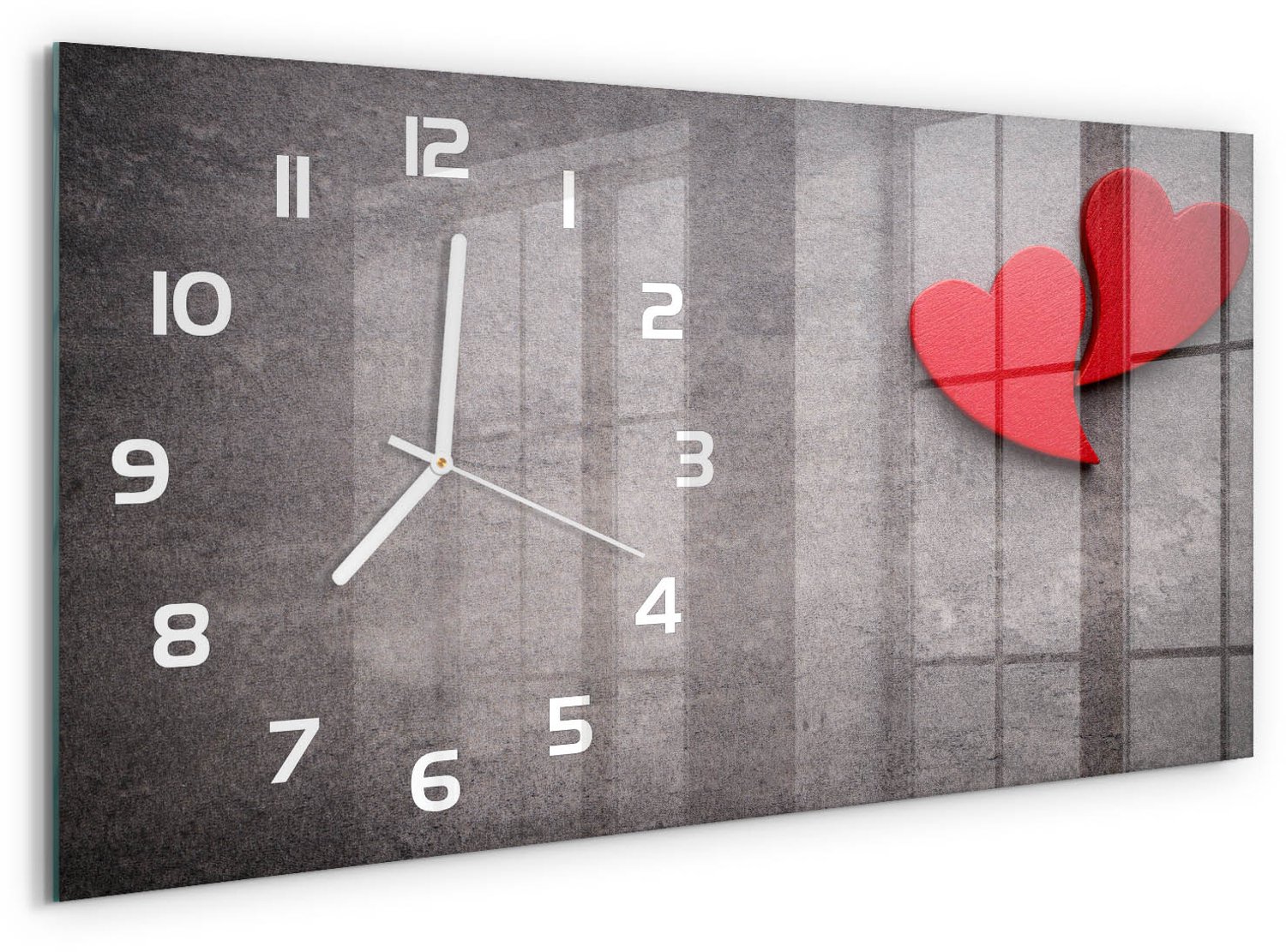 TULUP Wandklok - Rode harten Wandklok Glas Met Motief - 60x30 cm - Rood Decoratieve Glazen Klok - Witte handen - Rechthoekige Klok - Gekleurde Glazen Klok - Glazen Klok Met Print