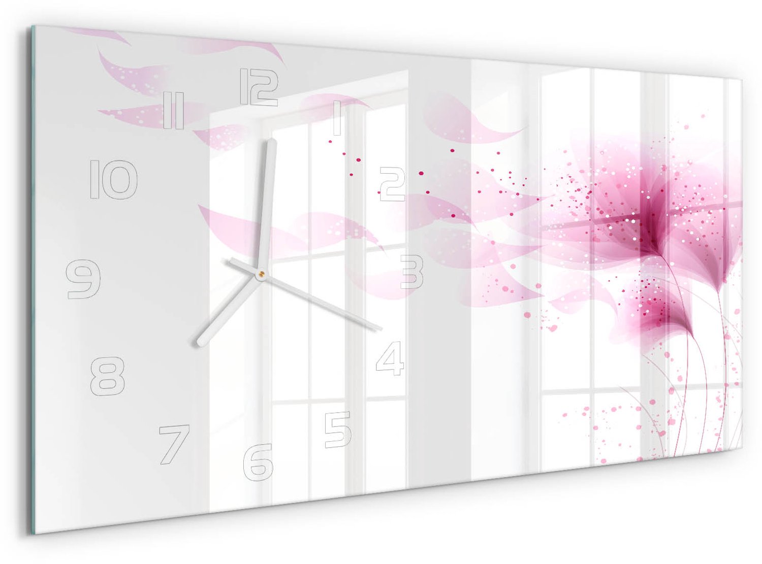 TULUP Wandklok - Roze bloem Wandklok Glas Met Motief - 60x30 cm - Roze Decoratieve Glazen Klok - Witte handen - Rechthoekige Klok - Gekleurde Glazen Klok - Glazen Klok Met Print