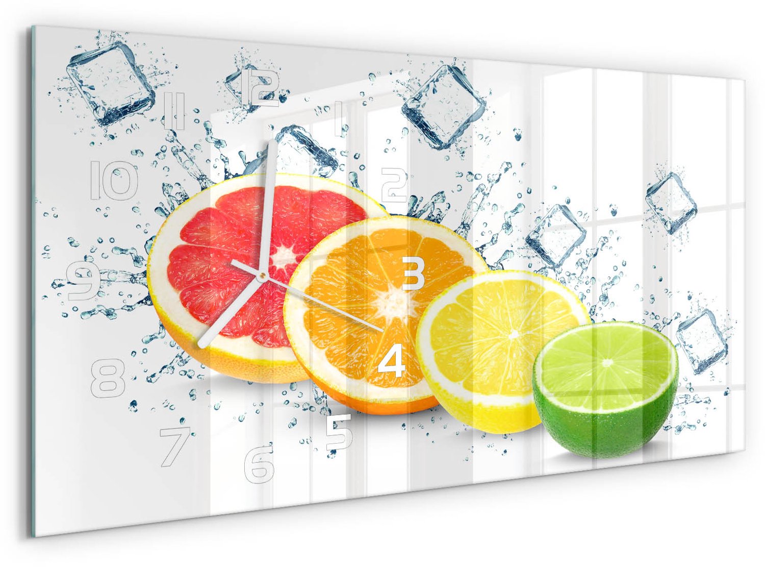TULUP Wandklok - Citrusvruchten Klok Glas Met Opdruk - 60x30 cm - Veelkleurig Moderne Wandklok Glas - Witte handen - Rechthoekige Klok - Decoratieve Glazen Klok - Glazen Wandklok Design