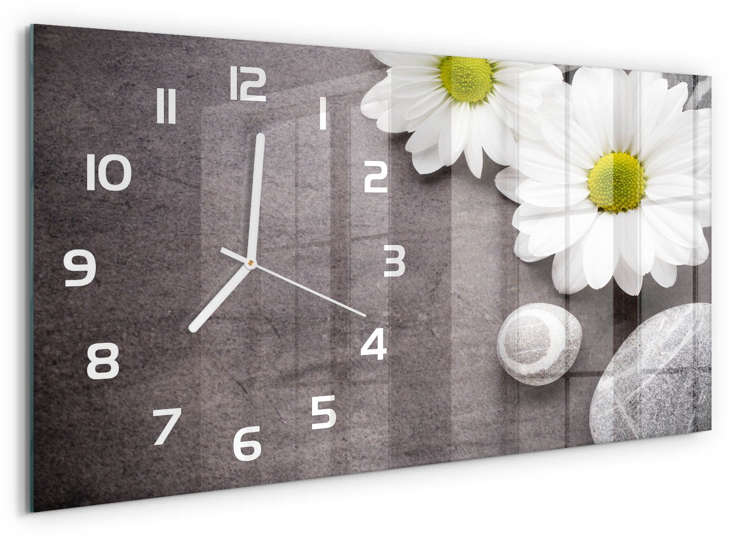 TULUP Wandklok - Gerbera bloem Klok Glas Met Opdruk - 60x30 cm - Wit Moderne Wandklok Glas - Witte handen - Rechthoekige Klok - Decoratieve Glazen Klok - Glazen Wandklok Design