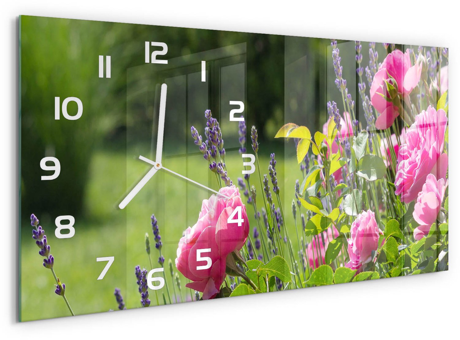 TULUP Wandklok - Doorn Glazen Wandklok Design - 60x30 cm - Roze Klok Glas Met Opdruk - Witte handen - Rechthoekige Klok - Wandklok Glas Met Motief - Decoratieve Glazen Klok