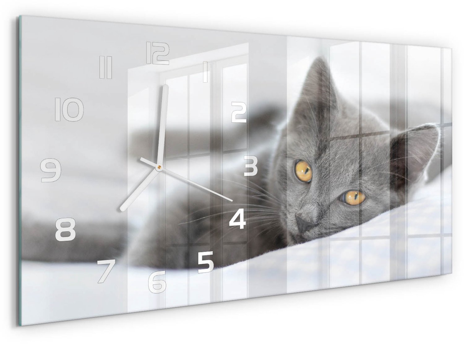 TULUP Wandklok - Grijze kat Wandklok Glas Met Motief - 60x30 cm - Grijs Decoratieve Glazen Klok - Witte handen - Rechthoekige Klok - Gekleurde Glazen Klok - Glazen Klok Met Print