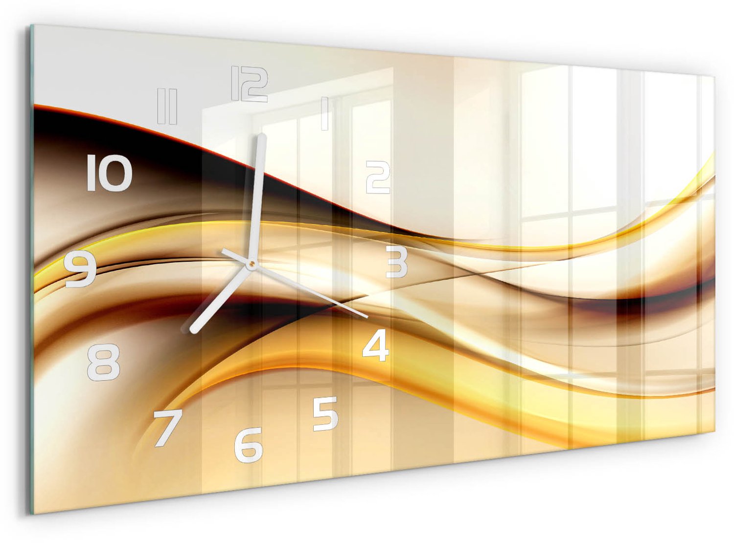 TULUP Wandklok - Abstracte golven Klok Glas Met Opdruk - 60x30 cm - Geel Moderne Wandklok Glas - Witte handen - Rechthoekige Klok - Decoratieve Glazen Klok - Glazen Wandklok Design