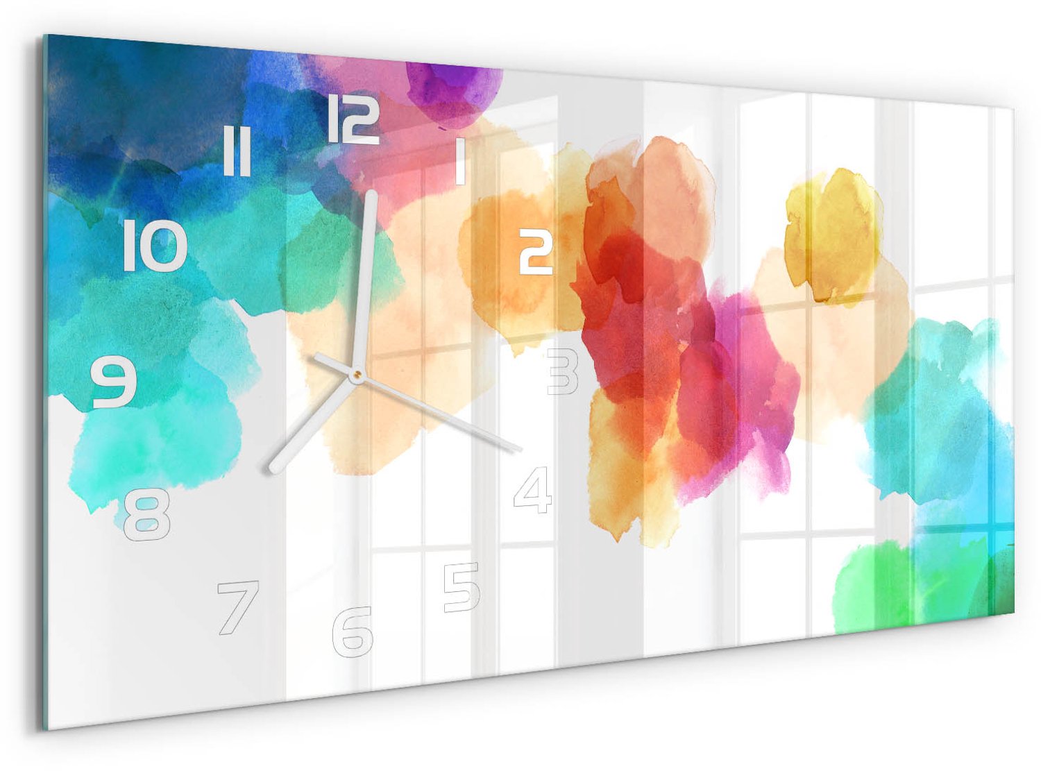 TULUP Wandklok - Kleurrijke vlekken Wandklok Glas Met Motief - 60x30 cm - Veelkleurig Decoratieve Glazen Klok - Witte handen - Rechthoekige Klok - Gekleurde Glazen Klok - Glazen Klok Met Print