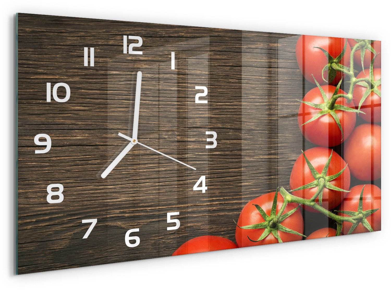 TULUP Wandklok - Tomaten op hout Glazen Klok Met Print - 60x30 cm - Rood Wandklok Glas Met Motief - Witte handen - Rechthoekige Klok - Wandklok Glas Decoratie - Gekleurde Glazen Klok