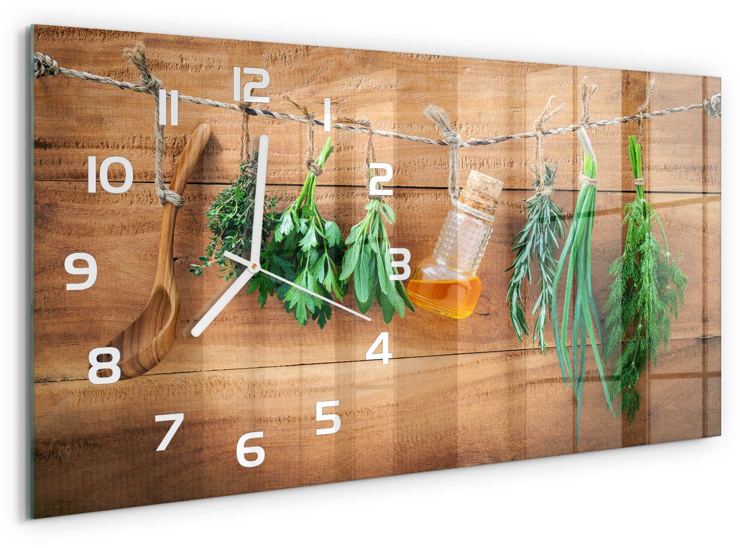 TULUP Wandklok - Kruiden aan een touwtje Wandklok Glas Decoratie - 60x30 cm - Groente Gekleurde Glazen Klok - Witte handen - Rechthoekige Klok - Klok Glas Met Opdruk - Moderne Wandklok Glas