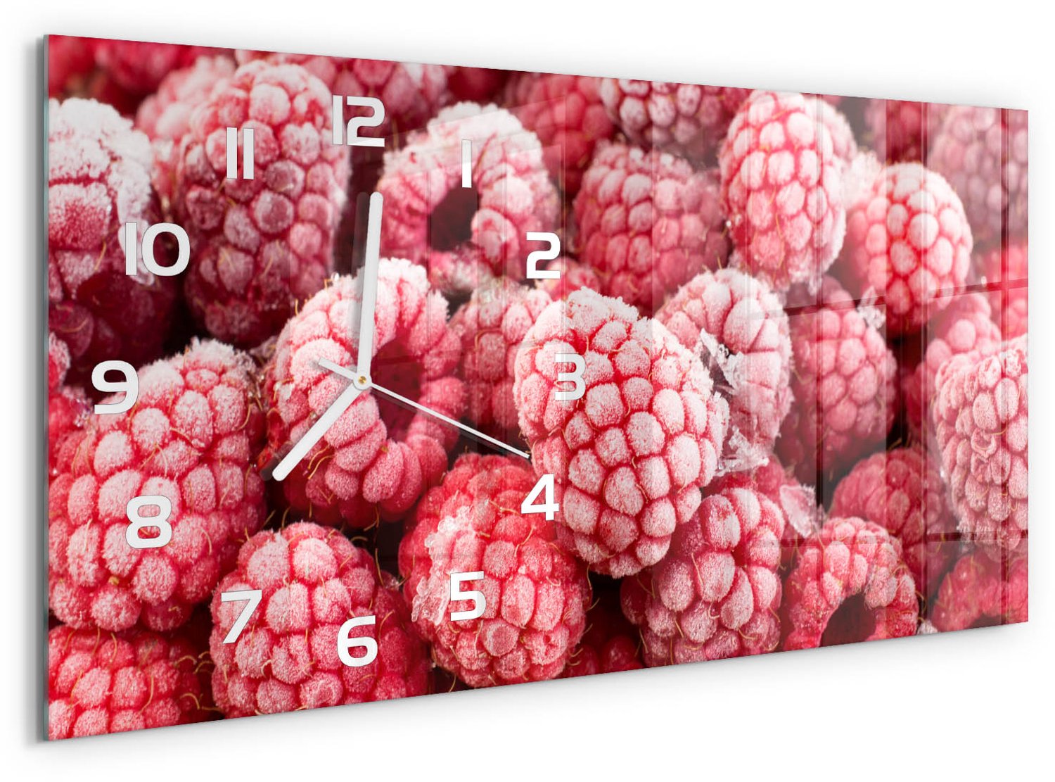TULUP Wandklok - Bevroren frambozen Klok Glas Met Opdruk - 60x30 cm - Rood Moderne Wandklok Glas - Witte handen - Rechthoekige Klok - Decoratieve Glazen Klok - Glazen Wandklok Design
