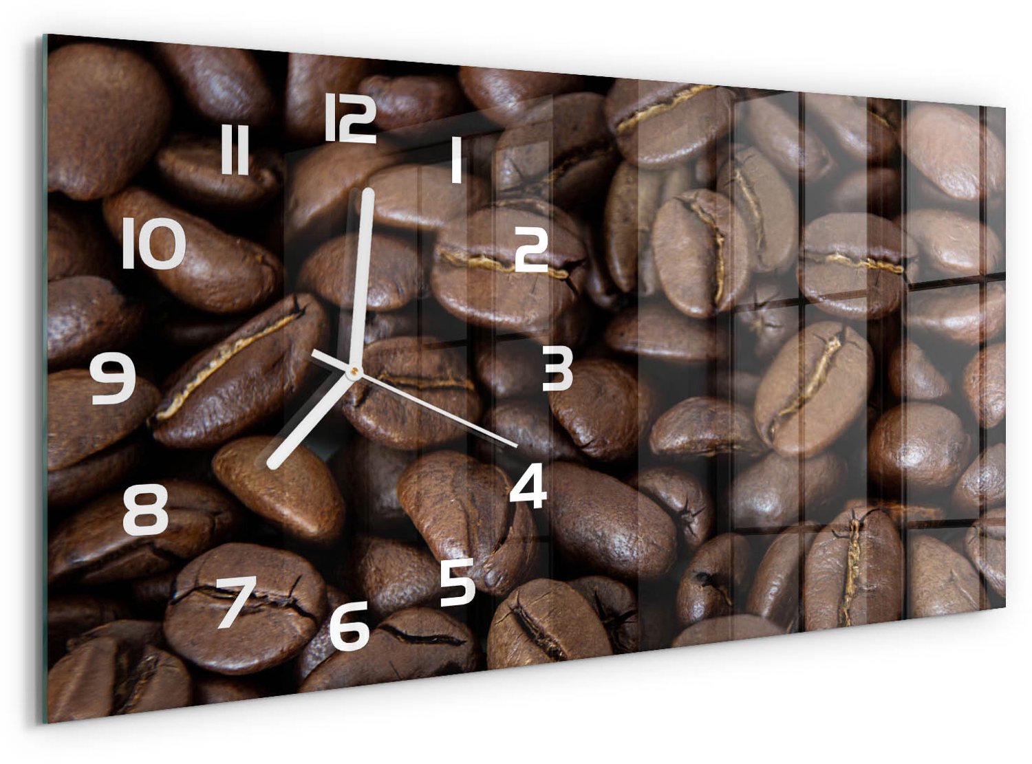 TULUP Wandklok - Koffiebonen Wandklok Glas Met Motief - 60x30 cm - Bruin Decoratieve Glazen Klok - Witte handen - Rechthoekige Klok - Gekleurde Glazen Klok - Glazen Klok Met Print