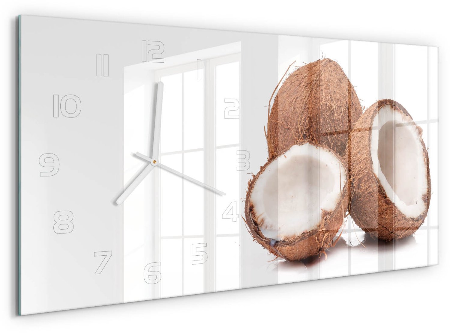 TULUP Wandklok - Kokosnoot Wandklok Glas Met Motief - 60x30 cm - Bruin Decoratieve Glazen Klok - Witte handen - Rechthoekige Klok - Gekleurde Glazen Klok - Glazen Klok Met Print