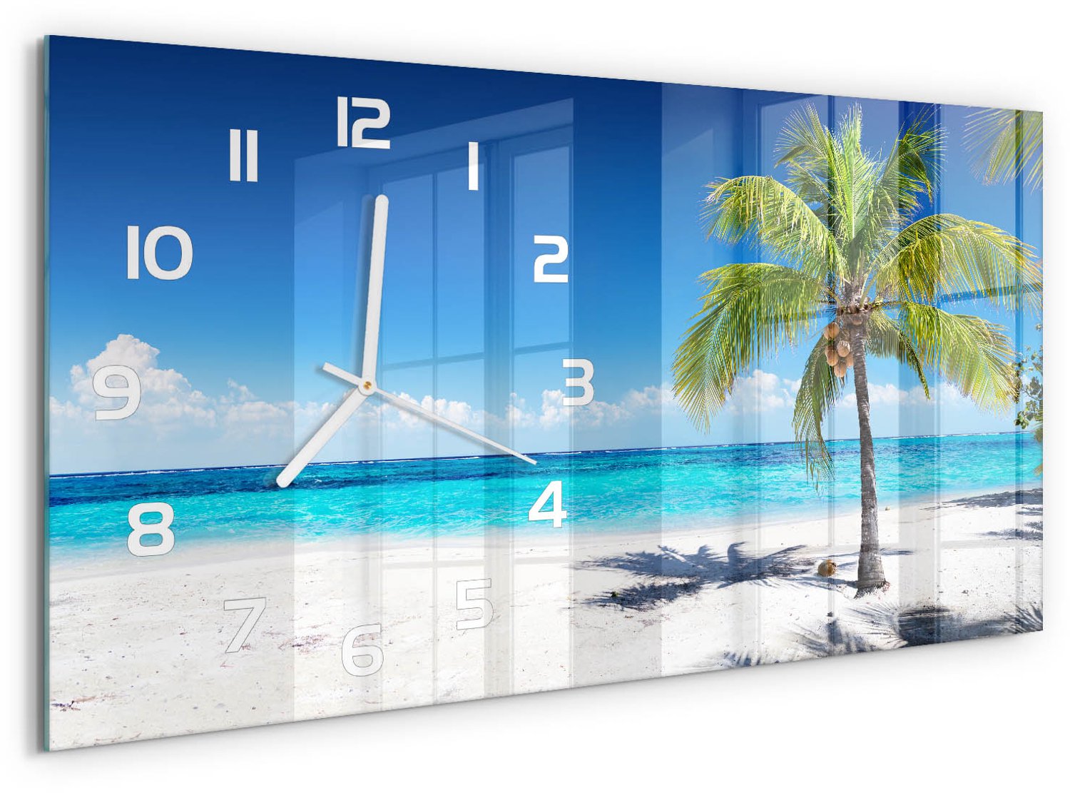 TULUP Wandklok - Tropisch strand Decoratieve Glazen Klok - 60x30 cm - Blauw Glazen Wandklok Design - Witte handen - Rechthoekige Klok - Glazen Klok Met Print - Wandklok Glas Met Motief
