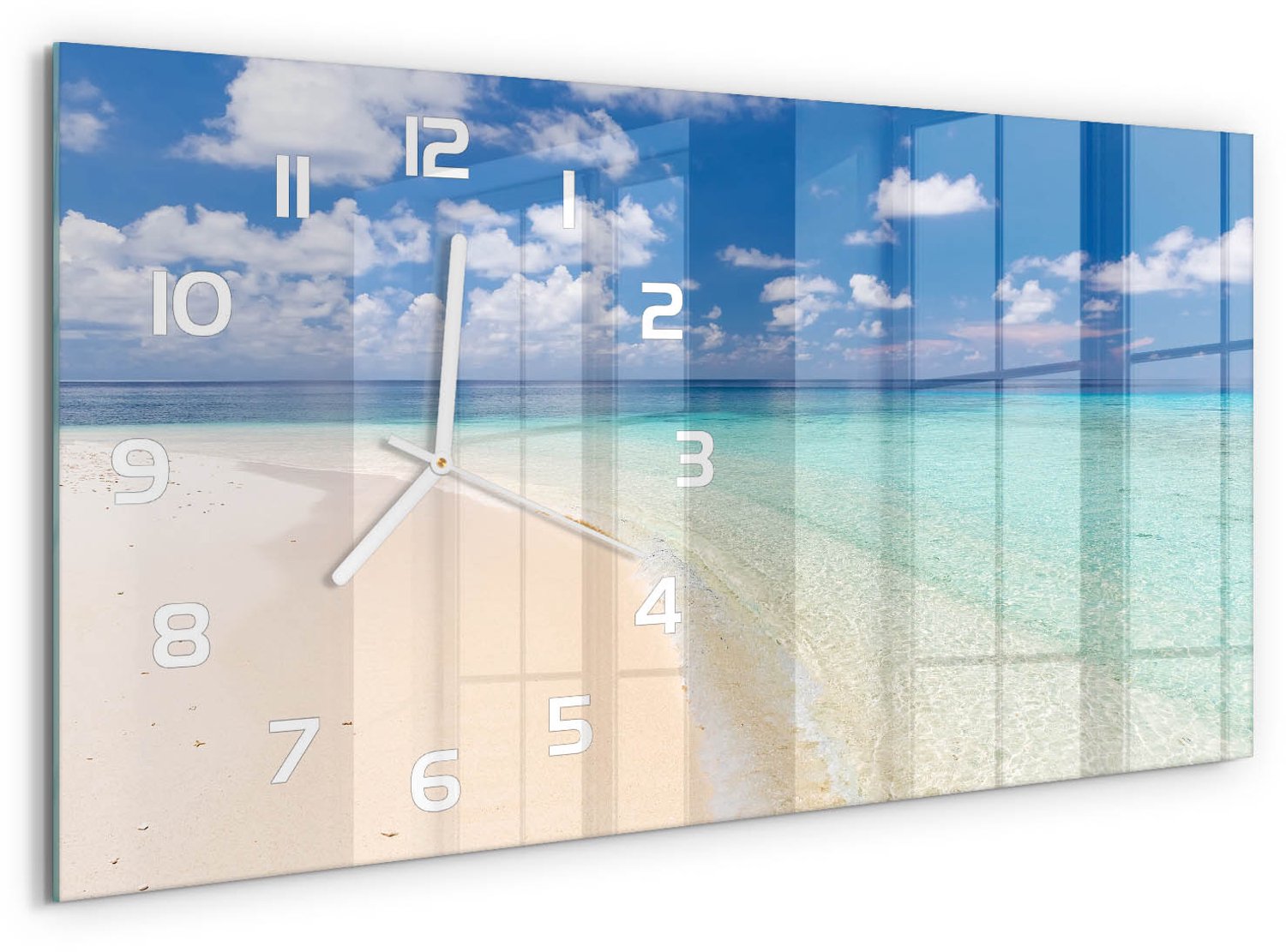 TULUP Wandklok - Strand op de Malediven Klok Glas Met Opdruk - 60x30 cm - Blauw Moderne Wandklok Glas - Witte handen - Rechthoekige Klok - Decoratieve Glazen Klok - Glazen Wandklok Design