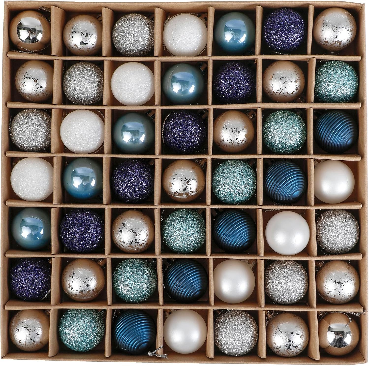 Kerstballen Set van 49 Stuks, 3cm Shatterproof in Blauw en Zilver, Versiering voor de Kerstboom met Matt en Glanzende Sequins, Duurzaam en Stijlvol