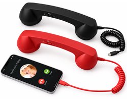 Retro Telefoonhoorn - USB-C Bedrade Handset met Microfoon - Geschikt voor iPhone & Android met USB-C - Vintage Telefoonhoorn voor Bellen, Videogesprekken & Vergaderingen - 2 Stuks - Rood & Zwart