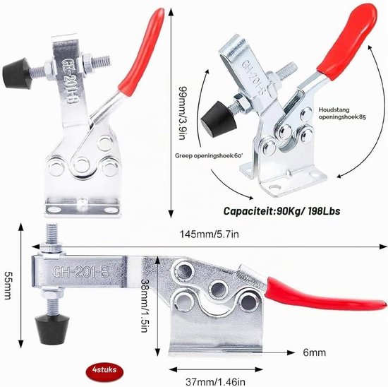 Kniehendel Spanner met Snelle Ontgrendeling - 4 Stuks Horizontale Klemmen voor 90kg Houdkracht, Ideaal voor Machinegebruik en Stabiele Bevestiging — afbeelding 5
