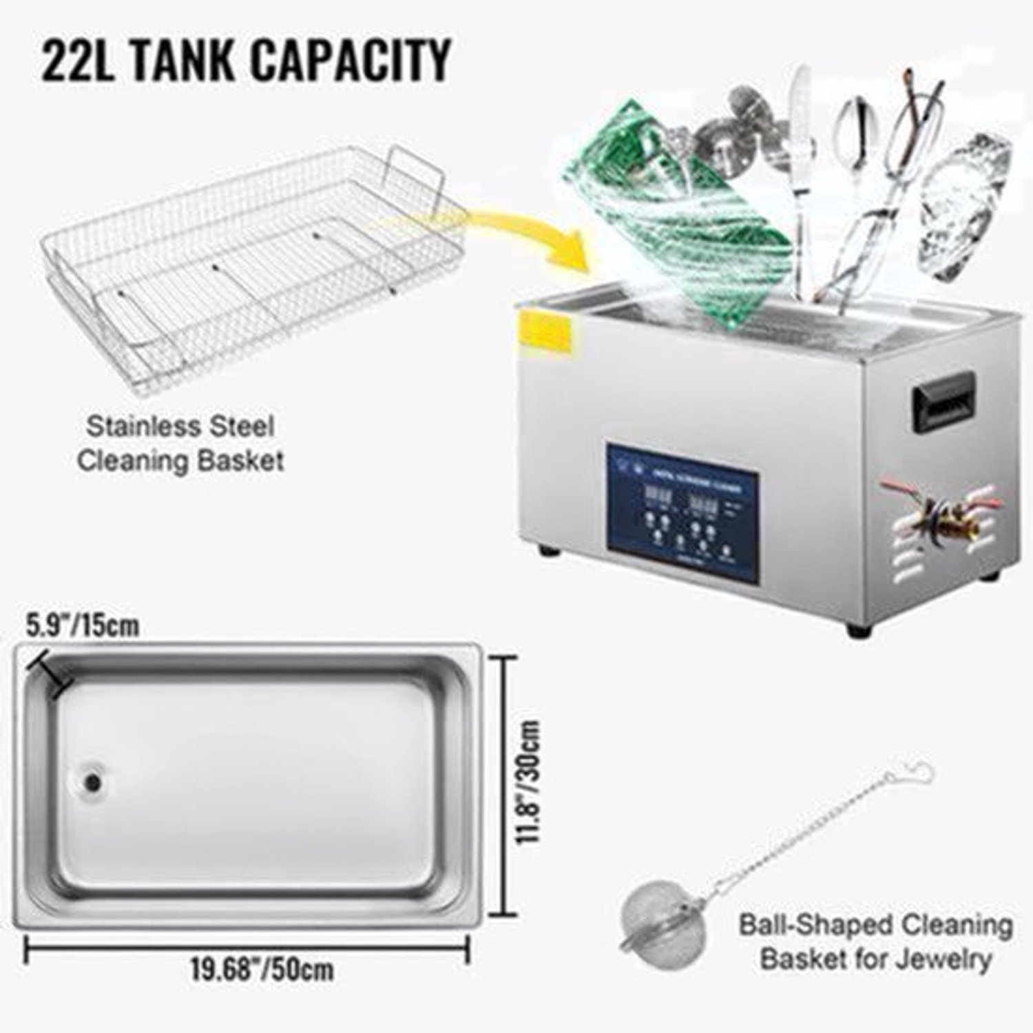 Ultrasone Reiniger – Ultrasoon Schoonmaakapparaat – Sieradenreiniger – Brillenreiniger – 22 Liter Roestvrij Stalen Tank – Dual-Frequency Technologie