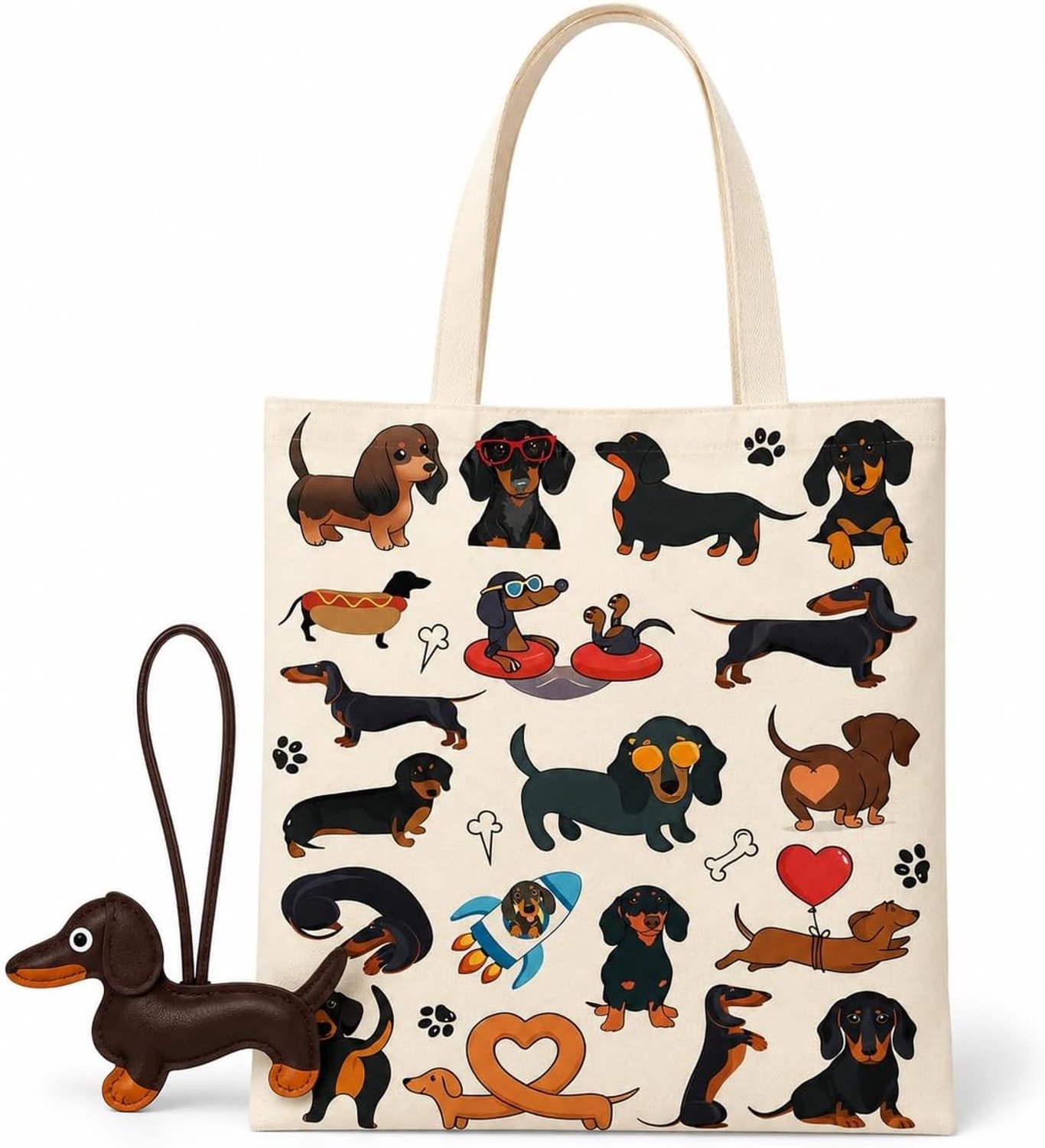 Canvas Tas voor Teckels met Sleutelhanger | 34 x 15 cm | Lichtgewicht Vouwbare Shopping Bag | Perfecte Cadeau voor Hondenliefhebbers en Dierenfans