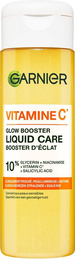 Garnier Vitamine C Glow Booster Liquid Care flesje met witte dop. Gele vloeistof. Tekst: "Garnier Vitamine C Glow Booster Liquid Care 10% Glycerine + Vitamine C + Salicylzuur"