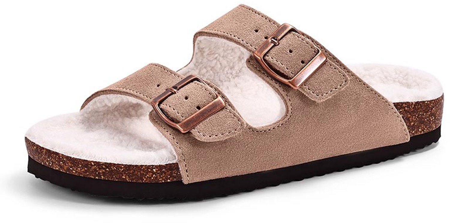 Homaxy- uniseks sandalen – suède – nep-lammy slippers – houten klompen – abrikoos - 42