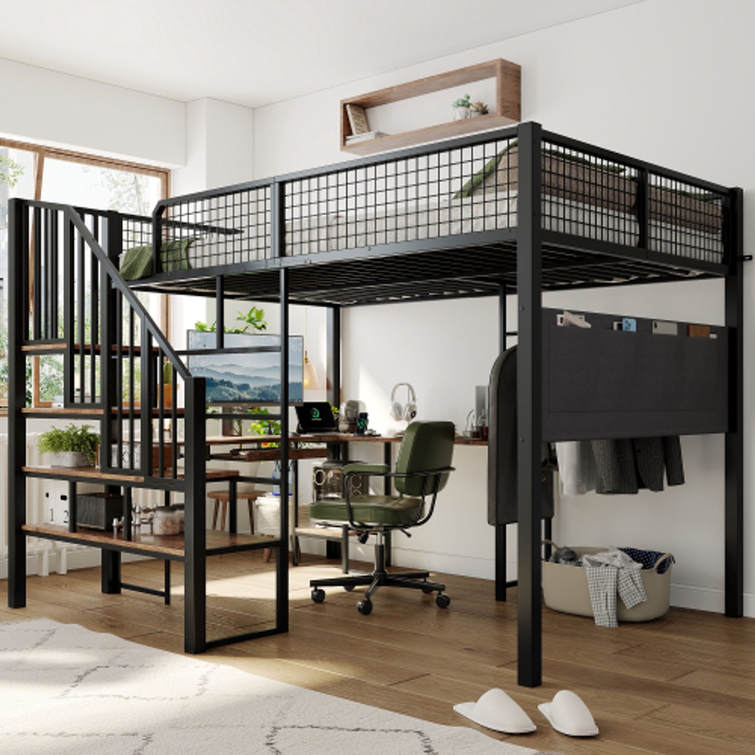 Zubaliya Zwarte Metalen Twijfelaar Hoogslaper 140x200 cm met L-Vormig Bureau & Trap - Jeugdbed met Toetsenbordlade, Oplaadstation & Stoffen Opbergtas - Zwart & Donkerhout Zwart met vintage donkerhout