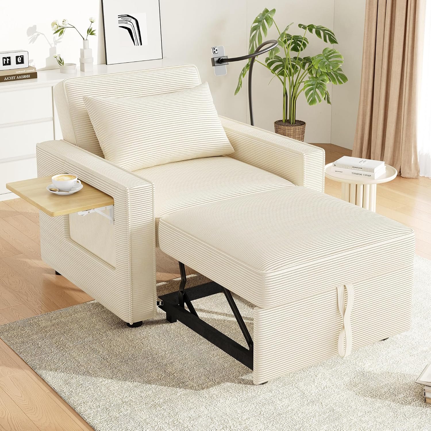 1-zits slaapbank, klapbank met slaapfunctie, corduroy beige