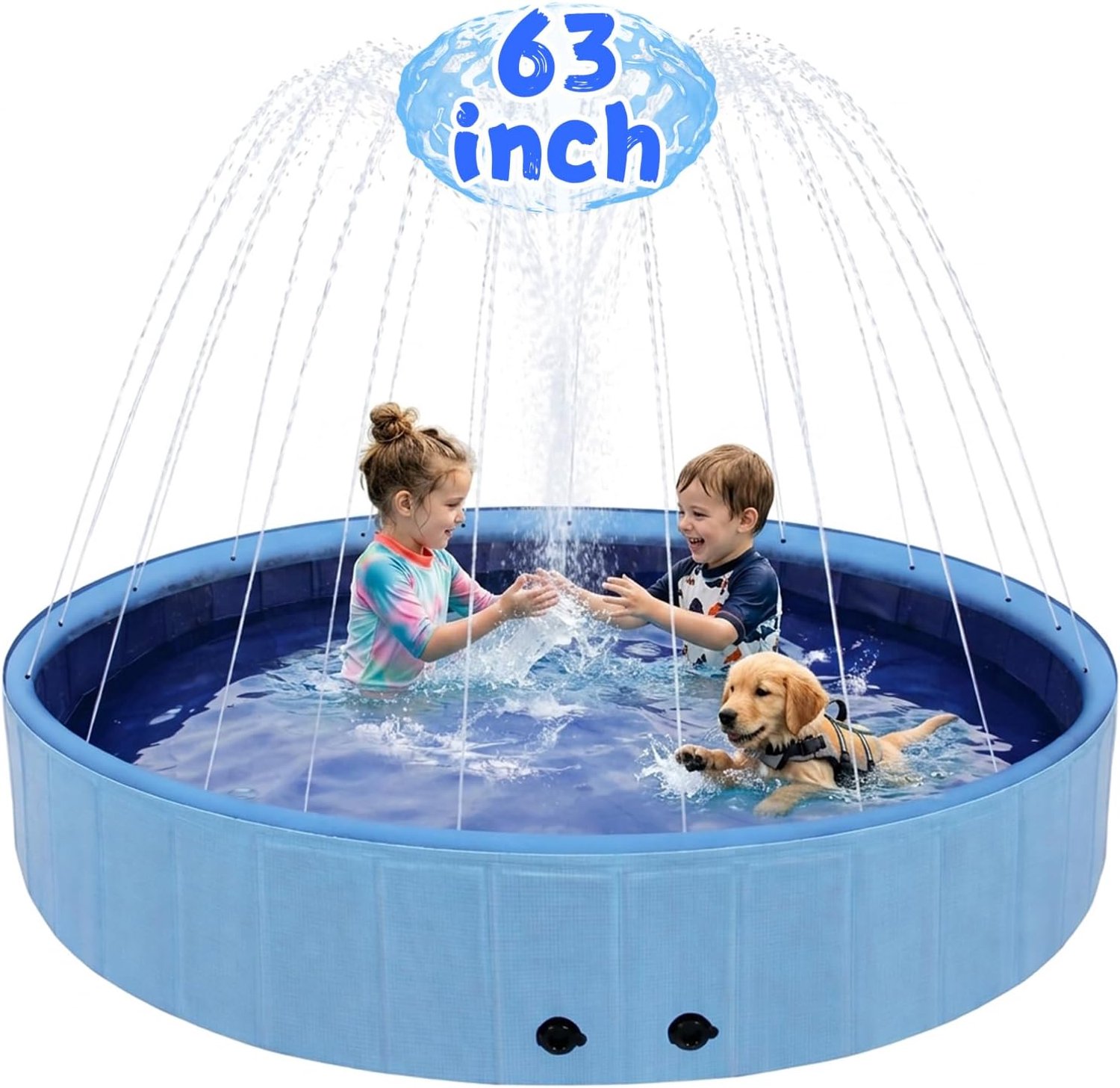 Opvouwbaar hondenzwembad met sproeier, 160 inch extra groot verdikt spatzwembad, 2-in-1 outdoor zomer waterspeelspeelgoed, antislip harde kant kinderzwembad voor achtertuin honden, kinderen en